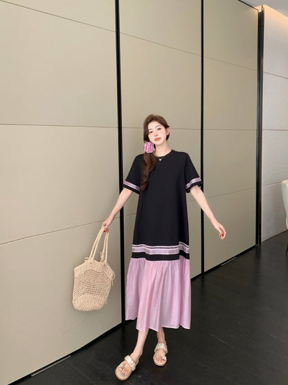NYFS 2025 Summer Dress Loose plus Size Black Patchwork Pink Hem Long Dresses Robe Elbise Short Sleeve Korean Style Woman Dress