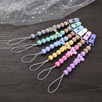Baby Pacifier Clips Holder Silicone Cartoon Animal Teething Chain Wood Teether For Baby Pacifier Chain Nursing Chew Toys Gift