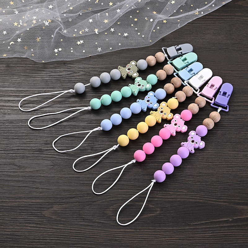 Baby Pacifier Clips Holder Silicone Cartoon Animal Teething Chain Wood Teether For Baby Pacifier Chain Nursing Chew Toys Gift