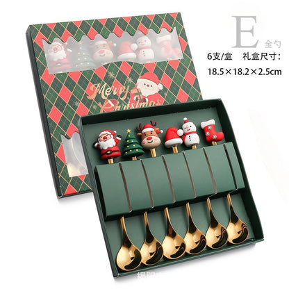 Conjunto 6 Peças de Garfos e Colheres Papai Noel Árvore de Natal Aço Inoxidável Colher de Café Sobremesa Utensílios de Mesa para Festa de Natal Presente Requintado