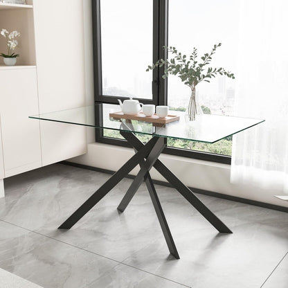 Rectangular Glass Dining Table for Four, 51.2 Modern Kitchen Table with Black Steel Legs