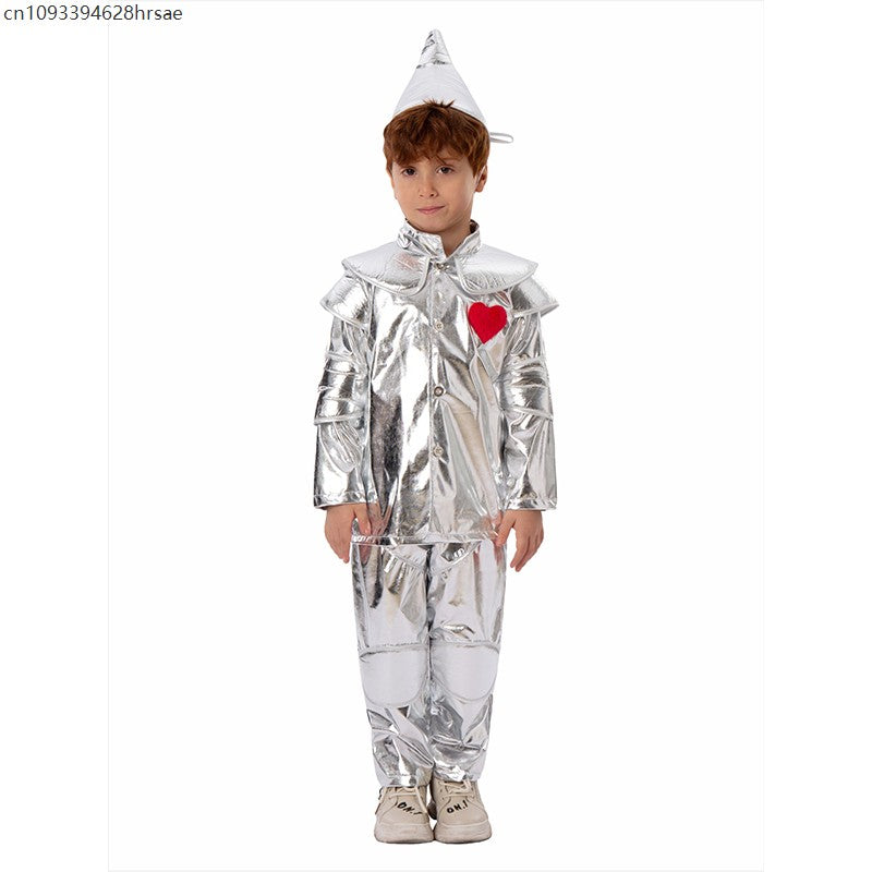 2025 New Arrival Silver Red Heart Wizard Boy Oz Tin Man Halloween Costume For Kids