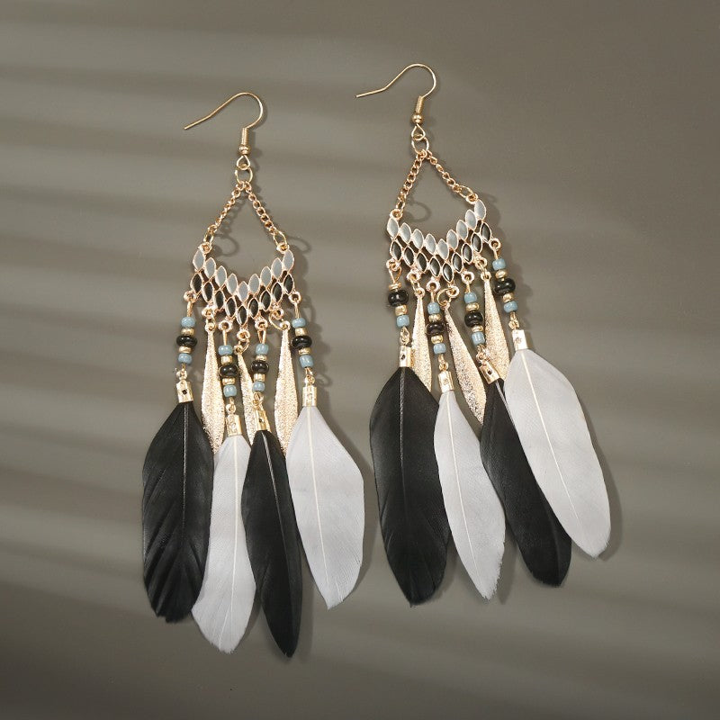 Brincos femininos longos de pena estilo boho, praia, com borla longa, miçangas, flores artesanais esmaltadas, para noiva, casamento, Pendientes Mujer