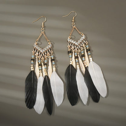 Brincos femininos longos de pena estilo boho, praia, com borla longa, miçangas, flores artesanais esmaltadas, para noiva, casamento, Pendientes Mujer