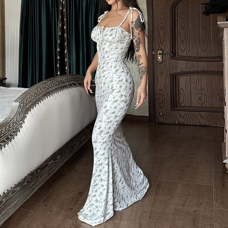 Hugcitar Floral Print Sleeveless Backless Slips Lace Up Maxi Dress Sexy Bodycon