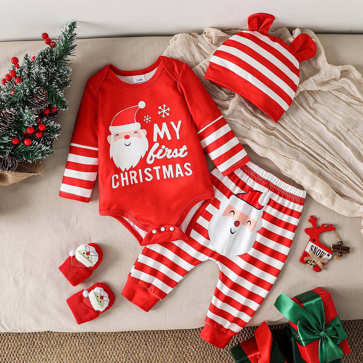 3Pcs My First Christmas Long Sleeve Baby Boys Girl Clothes Sets Newborn Clothing Toddler Autumn Unisex Suits Cute Clothes+Hat