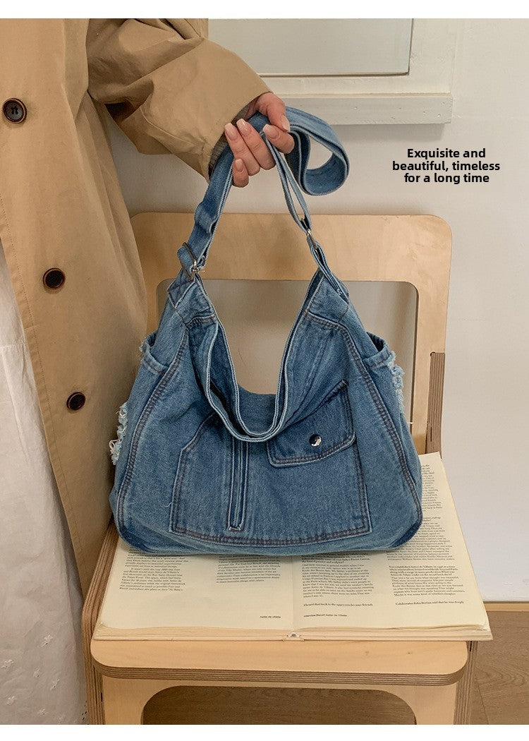 New Denim Shoulder Bag Women Fashion Large Capacity Casual Tote Handle Bag for School Comfortable and Versatile Commute Bag