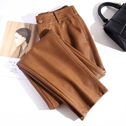 2023 Spring Autumn Sheepskin Pants Women High-waist Straight Pants Slim Lady Genuine Leather Casual Trousers Ankle-Length Pants