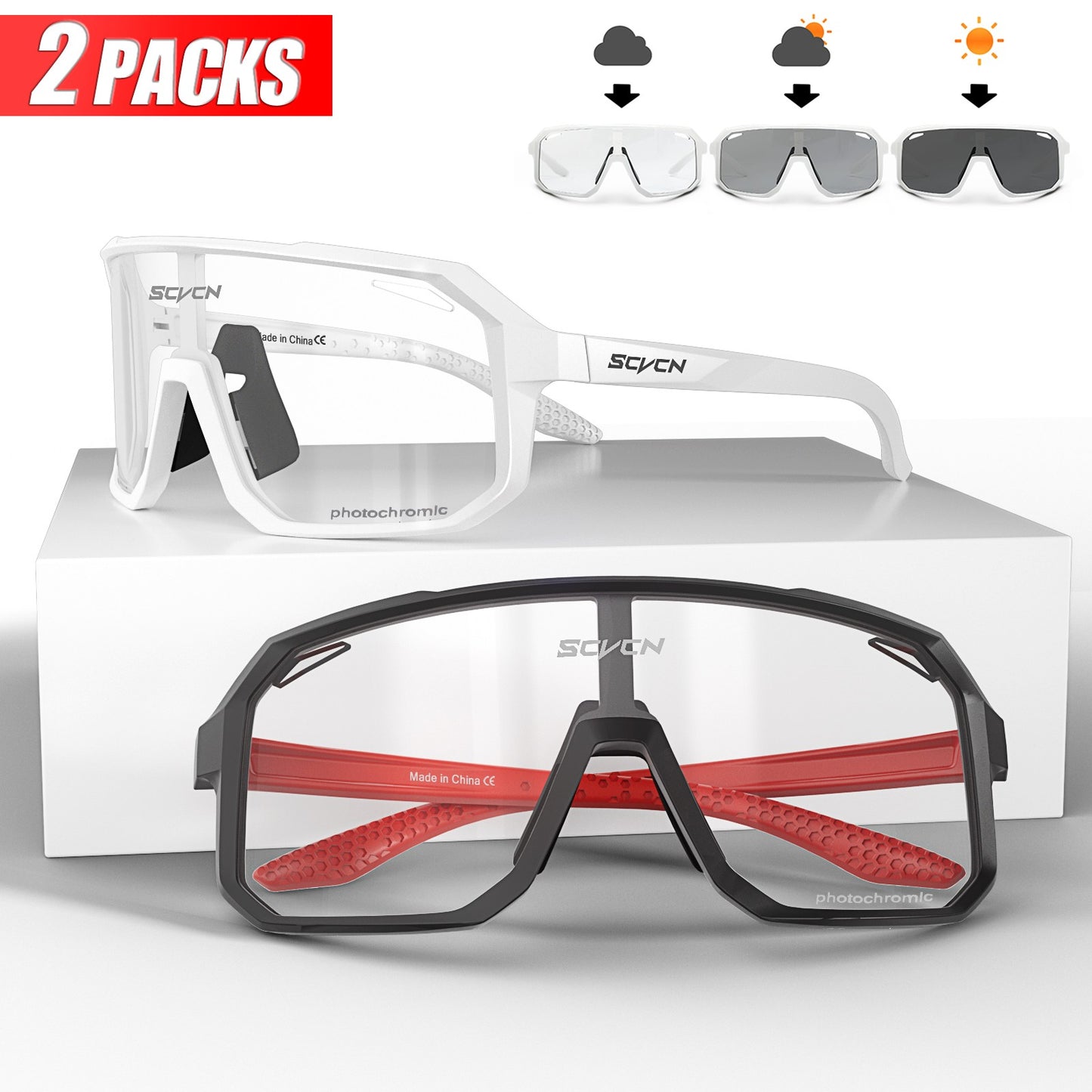 2 Pacotes de Óculos de Ciclismo Fotocromáticos para Ciclismo MTB Óculos de Proteção para Bicicleta, Bicicleta de Montanha, Masculino e Feminino, Esportivo