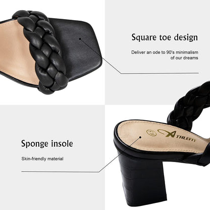 Elegant Women's Braided Heels Sandalias Fashion Strappy Square Sandals Open Toe Backless Mules Slip On Block Heeled Shoes