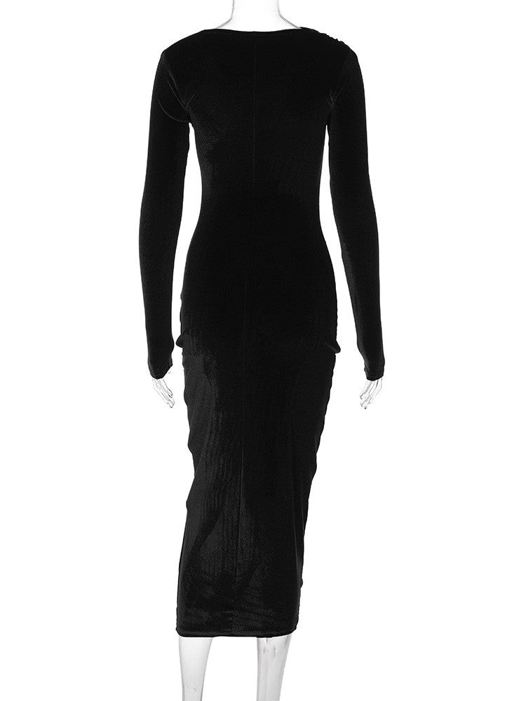 Dulzura 2024 Spring Summer Velvet Long Sleeve Midi Dress For Women Ruched Long D