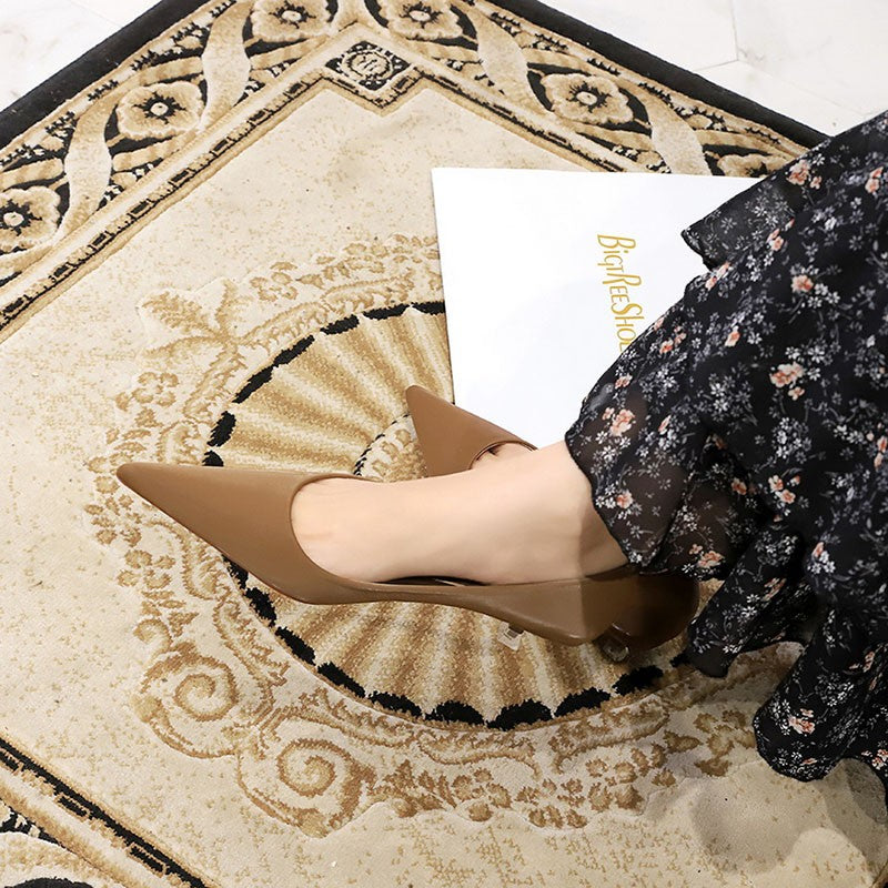 New Big Size Women's Boat Shoes Leather 4.5cm High Heels Pointed Toe Pumps Stilettos Basic Pump For Female White Black Wine Red