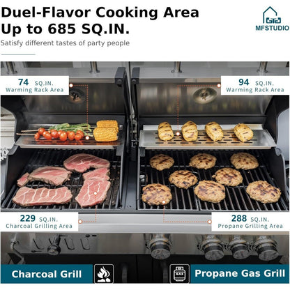 3 In 1 Gas and Charcoal Grill Combo with Side Burner, Porcelain-Enameled Cast Iron Grate, Extra Large Dual-Function BBQ Propane