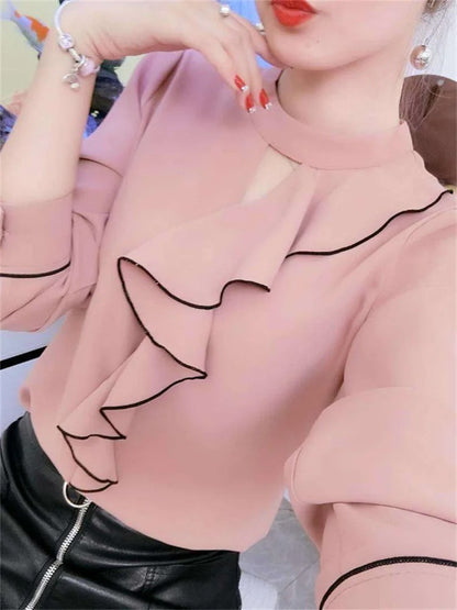 Women Spring Summer Style Chiffon Blouses Shirts Lady Casual Long Sleeve Ruffles Decor Stand Collar Chiffon Blusas Tops