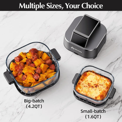 Fritadeira de ar portátil de vidro 4 em 1 com calor preciso de 60-200°C Tecnologia Max Crisp Recipientes duplos de 4,2QT e 1,6QT com tampas Congelador Lavável na Máquina de Lavar Louça
