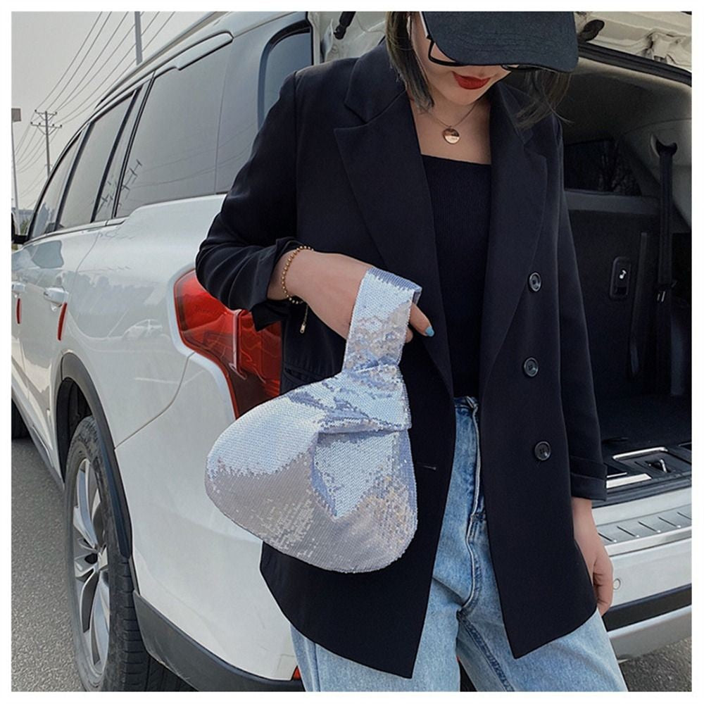 Ladies Trendy Fashion Reversible Sequin Evening Clutch Purse Women Girls Small Glitter Wrist Knot Bag