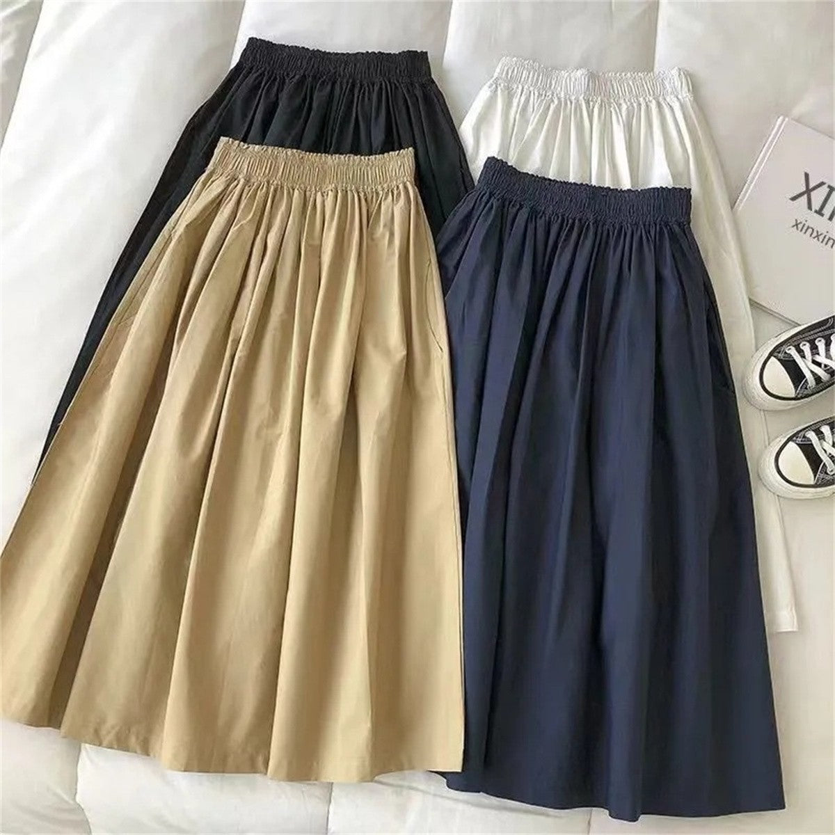 Women Solid Long Skirt Fashion Pockets Pleated Knee Length Skirts Autumn 2025 New Casual Elegant High Waist A Line Femme Skirts