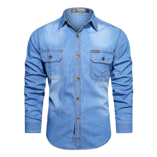 New Spring Men Outdoor Multi-pocket Denim Tooling Shirts Man Long-sleeved Denim