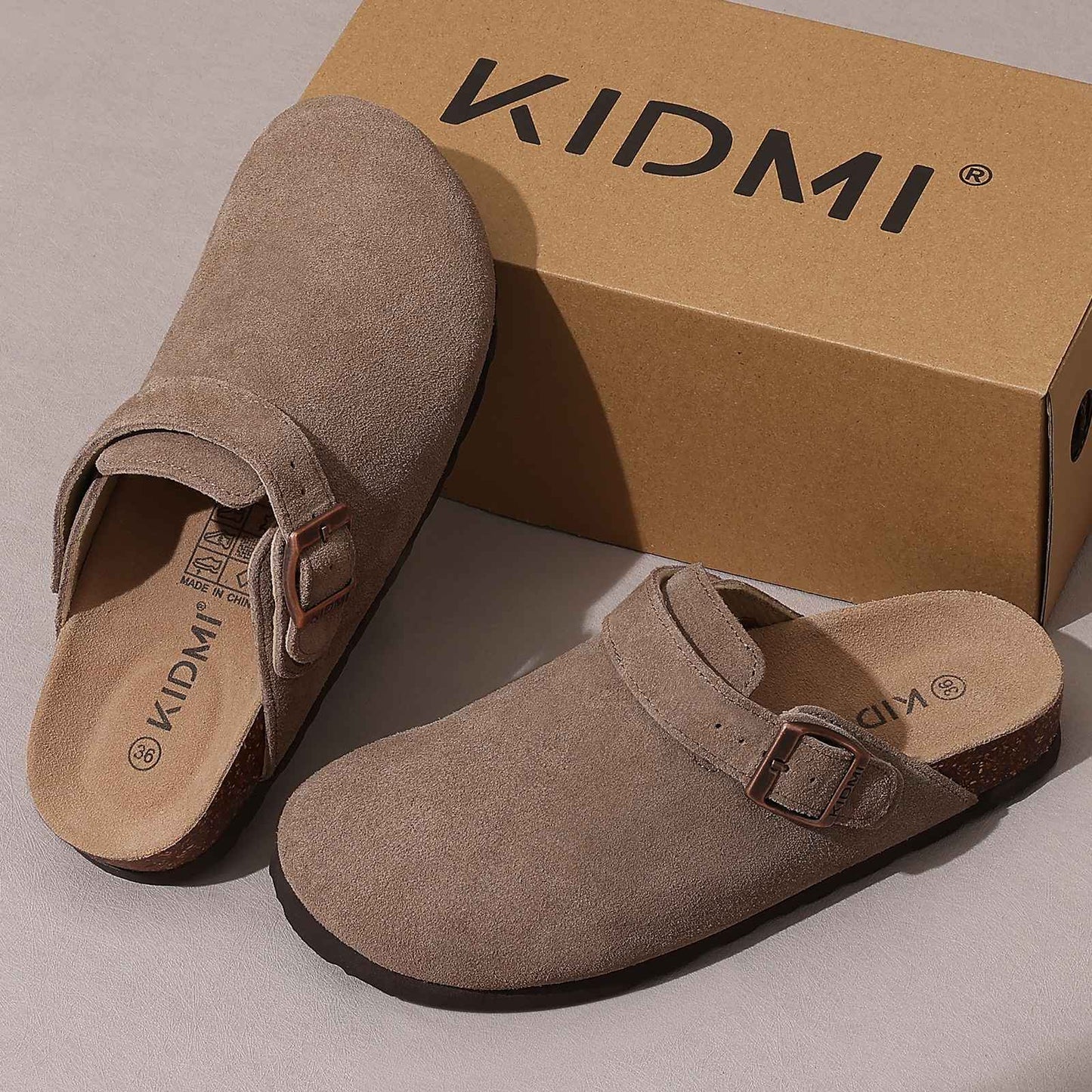 Comwarm Cow Suede Women Clogs With Adjustable Buckle Cork Footbed Leather Mules Comfort Slip on Women Slippers Summer Cork Clogs