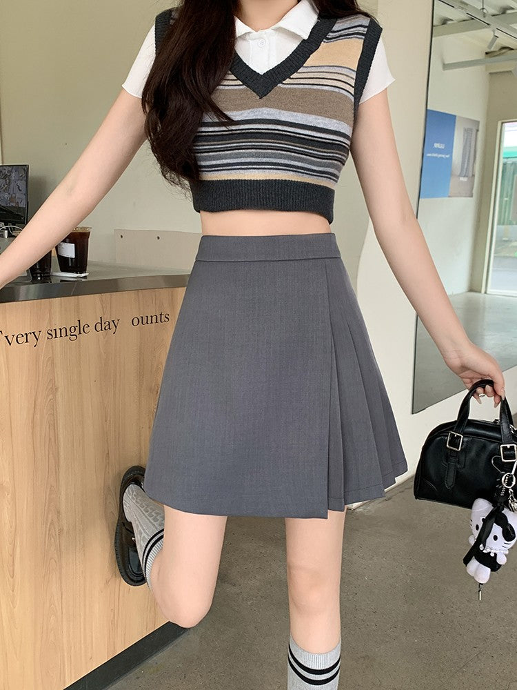 L-4XL Plus Size Skirt Women Spring Summer 2025 New Korean Fashion High Waist Pleated A Line Skirt Women Black Or Gray Mini Skirt