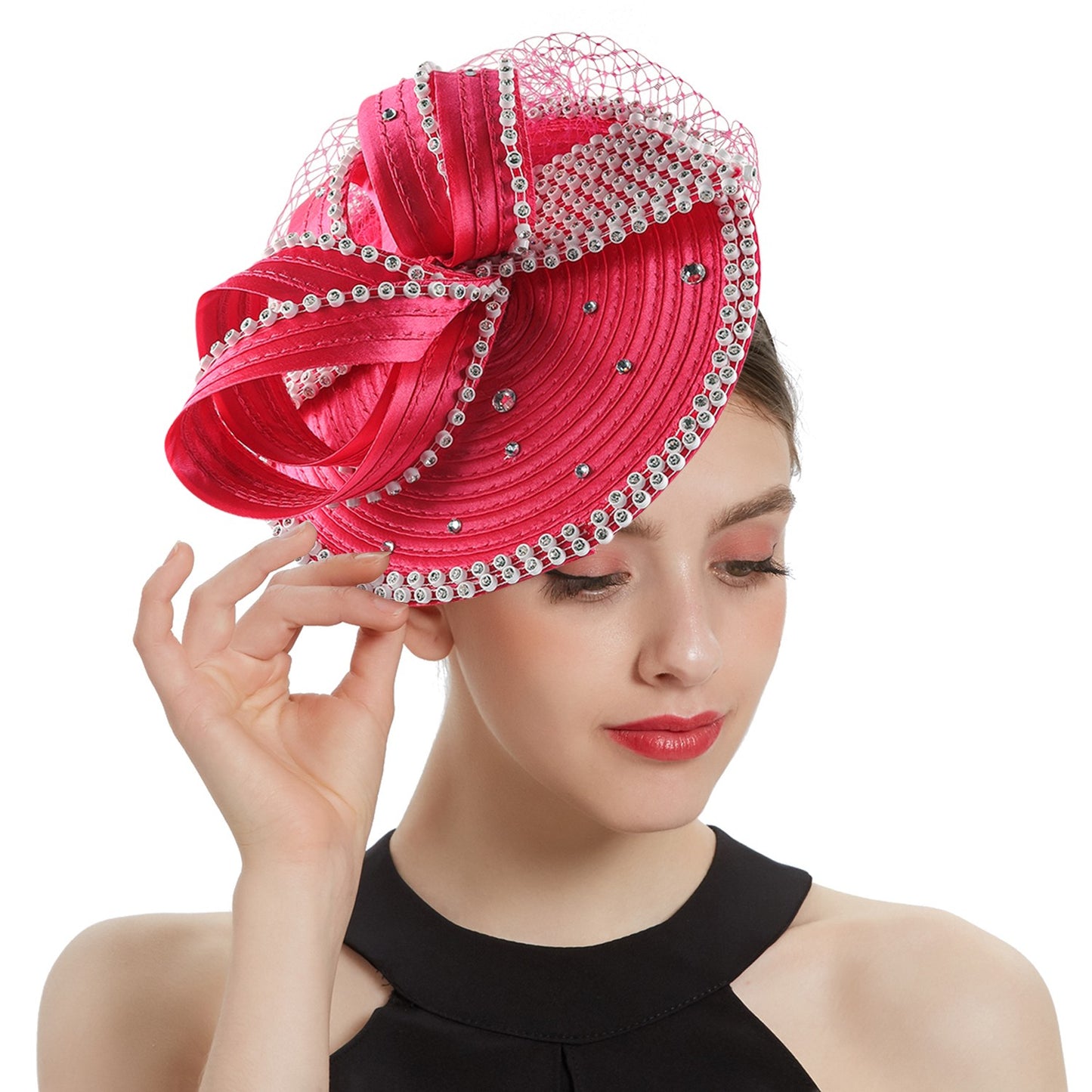 Fascinator de Cetim Perfeito Acessórios de Cabelo Chiques Multicores Chapéus para Kentucky Derby Chapéu para Chá da Tarde Touca de Strass com Véu