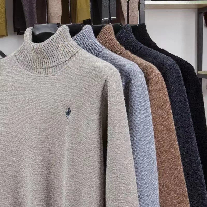 High end brand velvet sweater men's new fashion designer exquisite pony embroidery winter thick warm high neck knitted pullover