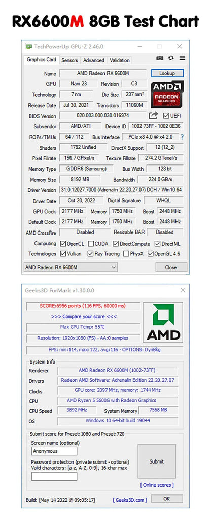 MLLSE AMD RX 6600M 8GB Placa de Vídeo GPU GDDR6 128Bit 7nm Versão com Heat Pipes Suporta Desktop CPU rx6600m 8gb Brasil