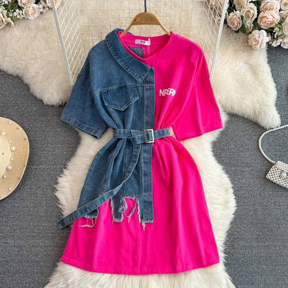 XFPV Women's Sweet high Waist Wrap Belt Round Neck patchwork Denim Shirt  Chic Top Y2k Korean Fashion Spring Summer 2025 SM11327