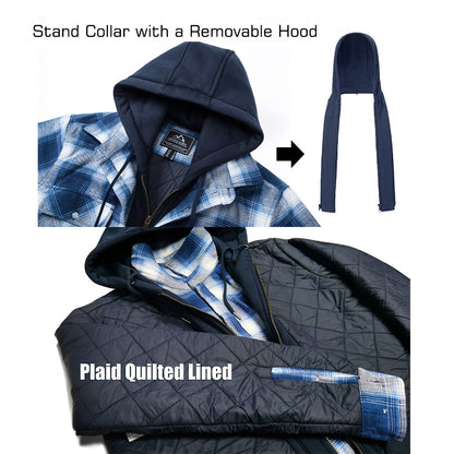 MAGCOMSEN Men's Flannel Jacket with Removable Hood 5 Pockets Plaid Quilted Lined Winter Coats Thick Hoodie Outwear Fleece Jacket