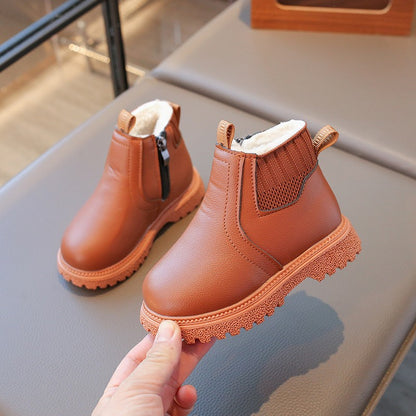 21-30 Kids Ankle Boots for Little Boys Girls Thermal Snow Boots Fashion PU Leather Children Short Rubber Boots with Thick Plush