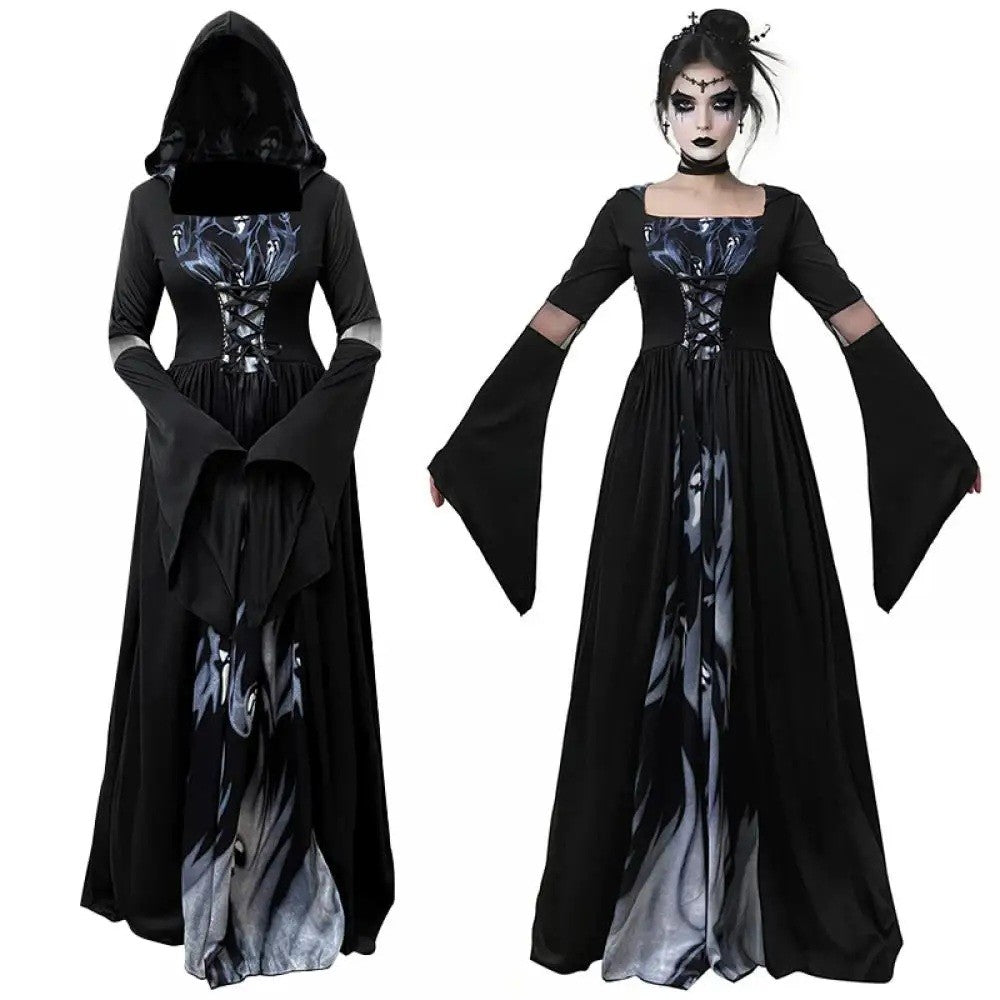 Halloween Witch Dress Gothic Vintage Dark-Style Hooded Vampire Dresses Bell Sleeves Full Skirt Waist Cinched Festival Party Gown