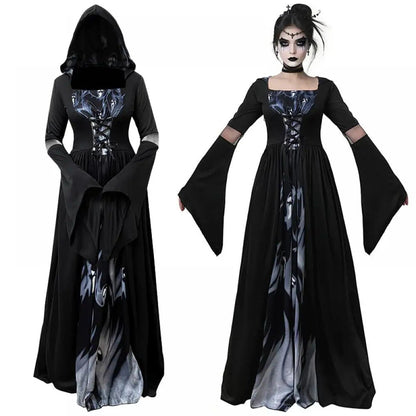 Halloween Witch Dress Gothic Vintage Dark-Style Hooded Vampire Dresses Bell Sleeves Full Skirt Waist Cinched Festival Party Gown