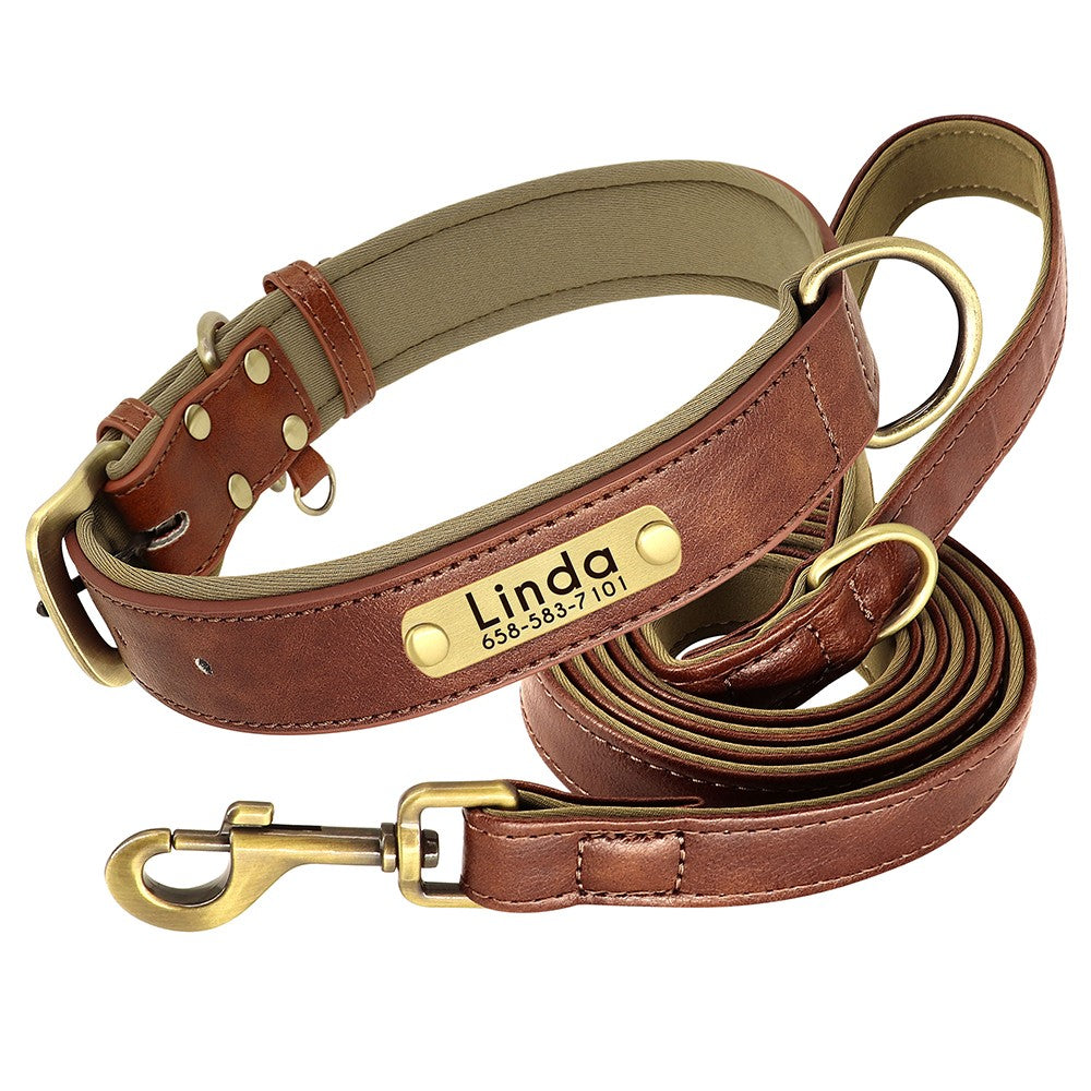 Conjunto Personalizado de Coleira e Guia de Couro para Cães Coleira de Couro Acolchoada Macia para Cães de Pequeno, Médio e Grande Porte com Placa de Identificação Grátis