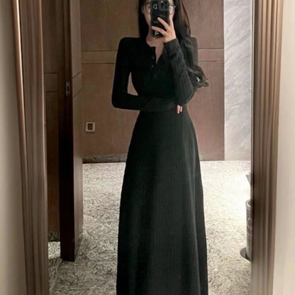 Long Sleeve Dresses Women Solid Slim Basic Mid-length All-match Elegant Autumn Winter Vestidos Female Defined Waist Knitting New