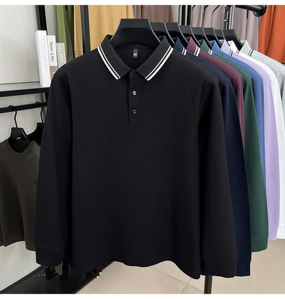 100% pure cotton high-quality long sleeve polo shirt men's autumn new style comfort casual luxury double striped lapel T-shirt