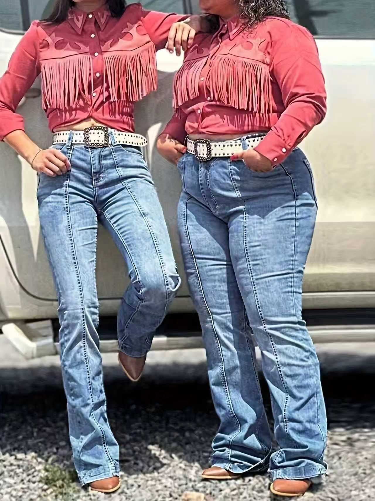 Women's Vintage Distressed Line Flared Jeans, Slim Fit, Mid Rise, Stretchable, Casual, Washed Denim Bell Bottoms