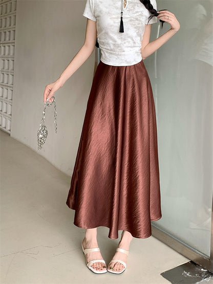 Plus Size Satin Half-Body Skirt Female 2026 Spring New Korean Fashion Temperament Elegant Solid Casual A-line Skirts