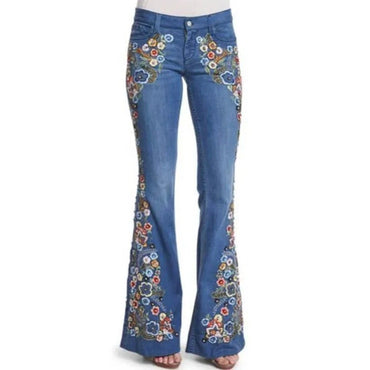 Slimming Women's Denim Jeans Embroidered Washed Bell Bottoms Mid Waist Jeans Chinese Manufacturer Wholesale Retail