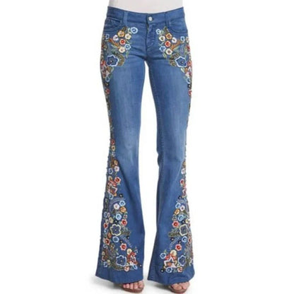 Slimming Women's Denim Jeans Embroidered Washed Bell Bottoms Mid Waist Jeans Chinese Manufacturer Wholesale Retail