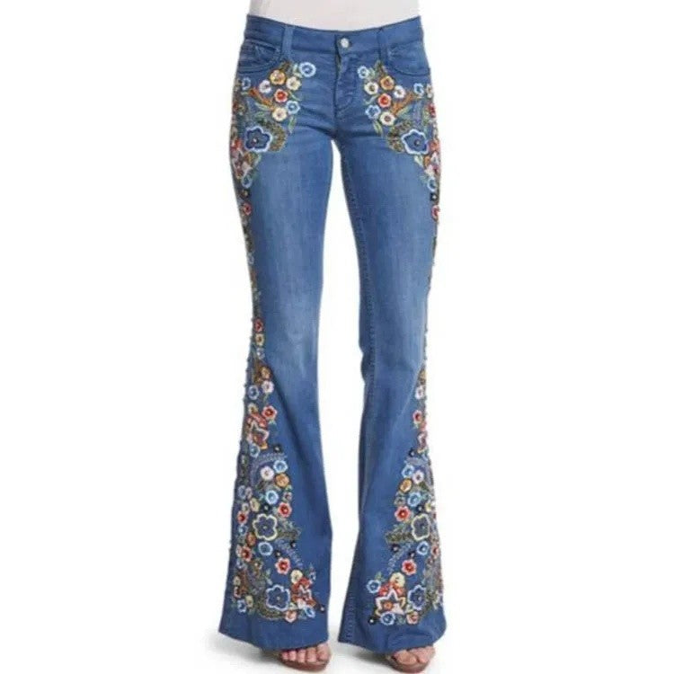 Slimming Women's Denim Jeans Embroidered Washed Bell Bottoms Mid Waist Jeans Chinese Manufacturer Wholesale Retail