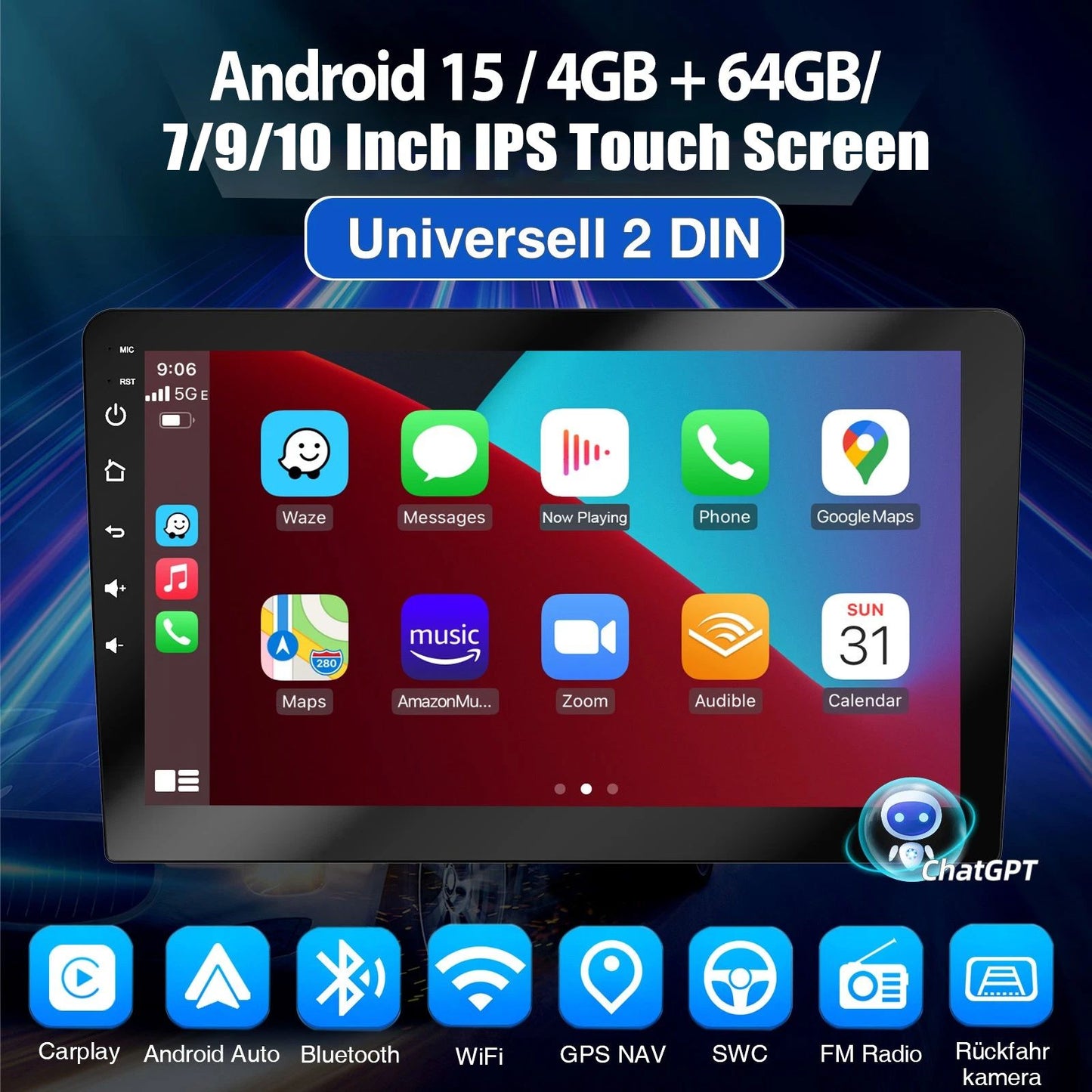 Rádio Estéreo Automotivo de 7/9/10 Polegadas Duplo 2 Din 4+64G Android 15 ChatGpt AI WIFI GPS Navegação FM/RDS Bluetooth SWC Unidade Principal+DVR&AHD