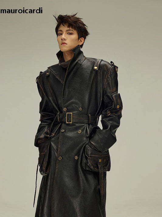 Mauroicardi Spring Autumn Long  Distressed Black Pu Leather Trench Coat Men Belt Double Breasted Luxury European Fashion 2023