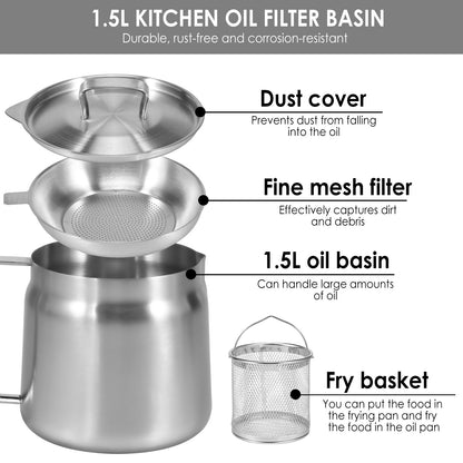 Pote para Filtro de Óleo 1,5L/2L Fritadeira com Cesto Panela Fritadeira de Aço Inoxidável com Cesto para Massas Cesto para Frango Frito
