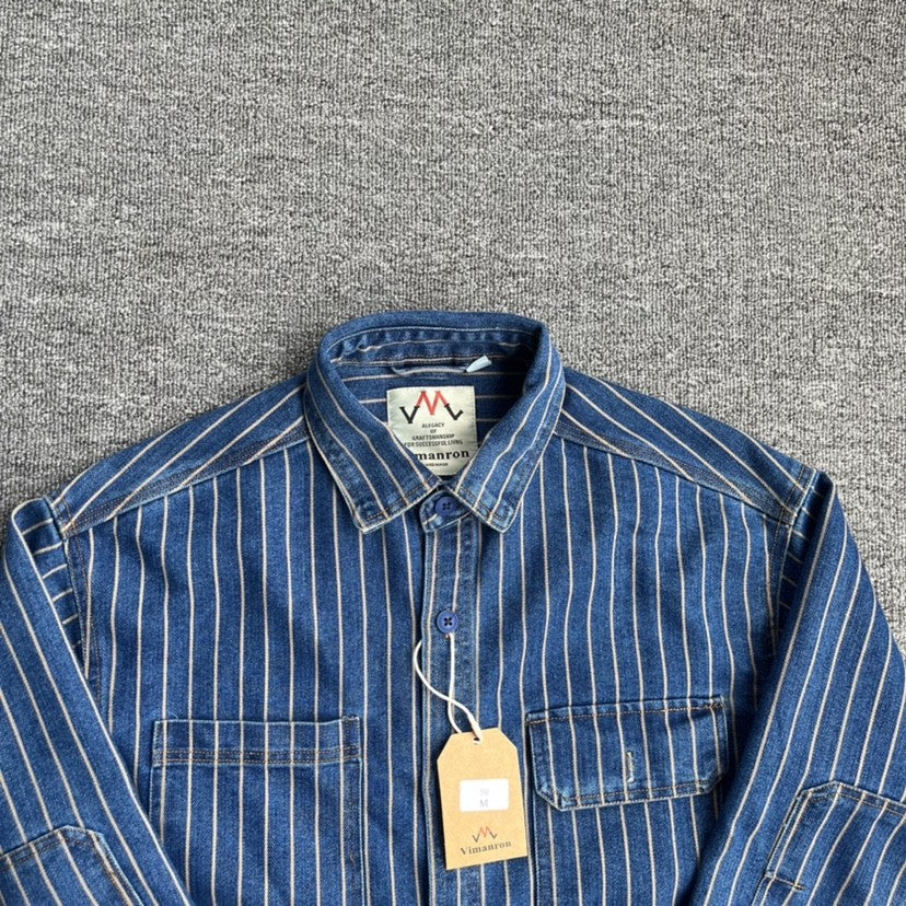 Spring New American Retro Heavyweight Denim Cargo Striped Shirt Men's Simple 100% Cotton Washed Old Casual Blouses Thin Jacket