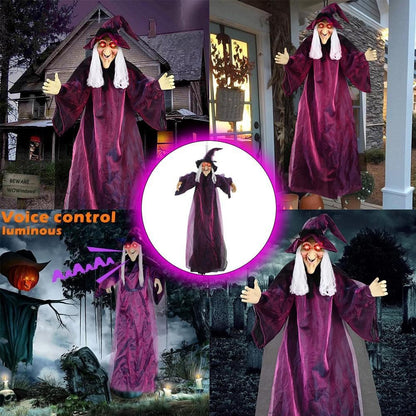 Bruxa Falante em Tamanho Real de Halloween Roxo Assustador Decoração Gritante Controlada por Voz com Olhos Brilhantes