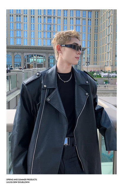 Mauroicardi Spring Autumn Oversized Cool Extra Long Black Pu Leather Trench Coat Men Zipper Loose Luxury European Fashion 2023