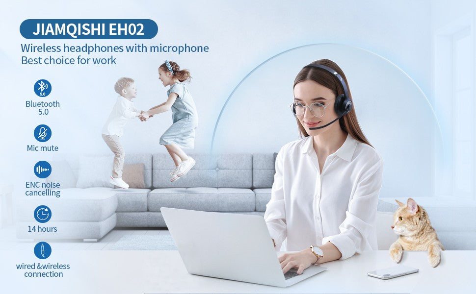 JIAMQISHI EH02U Wireless Bluetooth Headset ANC MIC for Work Computer Headphones USB Dongle Mute Mic for MacBook Headset Phone