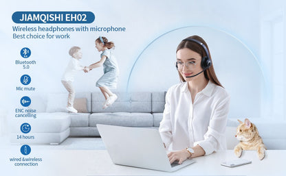 JIAMQISHI EH02U Wireless Bluetooth Headset ANC MIC for Work Computer Headphones USB Dongle Mute Mic for MacBook Headset Phone