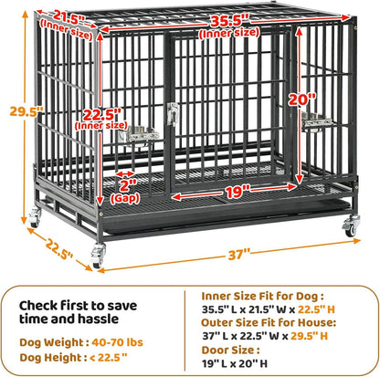 Caixa para Cães Dobrável de 37" para Serviço Pesado, Canil à Prova de Fuga com Rodas Traváveis, Bandeja Removível e Grade de Metal para Cães de Porte Médio/Pequeno
