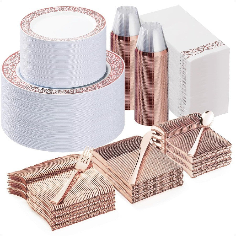 700 Peças de Utensílios de Mesa de Plástico Ouro Rosé para 100 Convidados, Pratos Descartáveis para Festa de Casamento Incluindo 100 Pratos de Jantar Rosé 100 D